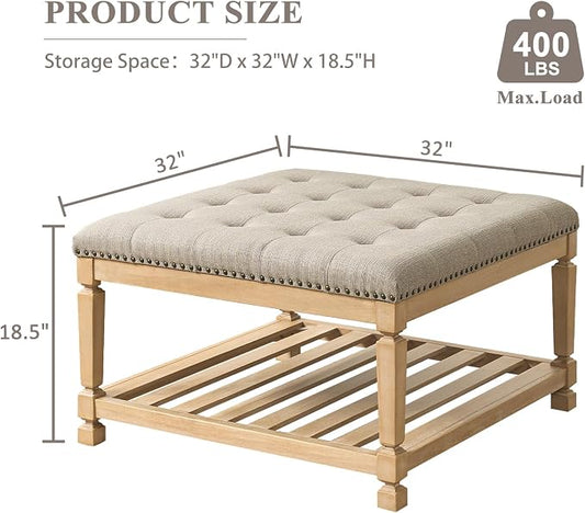 Befurtori Large Square Ottoman Coffee Table, Linen Solid Upholstered Footrest Ottoman with Solid Wood Shelf Storage Tufted Coffee Table for Bedroom Living Room-Gray Linen