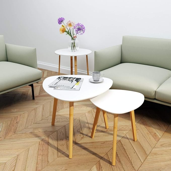 BAMEOS Bamboo Nesting Triangle End Table,Set of 2 Side Table Modern Minimalist Coffee Table for Living Room, Balcony in White