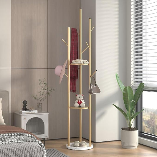 TIEOU Metal Coat Rack, Gold Coat Racks Freestanding with Shelves and Marble Base, Coat Tree with 9 Hooks for Scarves, Bags, Modern Coat Rack Stand for Entryway, Living Room, Bedroom, Easy Assembly