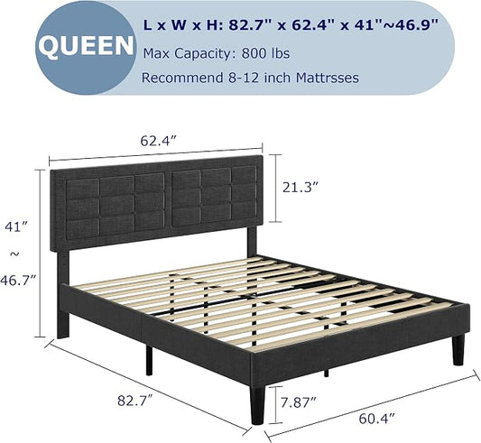 VECELO Queen Size Bed Frame, Adjustable Upholstered Button Tufted Headboard, Heavy-Duty Bedframe with Wood Slats Support, No Box Spring Needed, Linen & Dark Grey