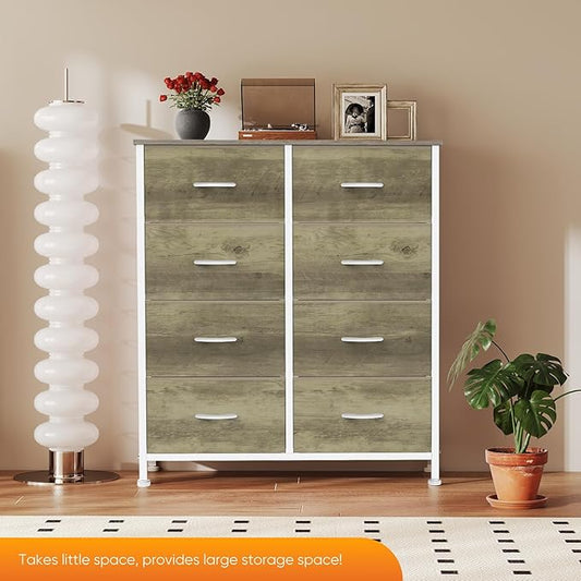 Sweetcrispy 8 Drawer Dresser for Bedroom, Large Fabric Storage Tower | Organizer Chest of Drawers with Metal Frame and Wooden Top for Nursery Closet Living Room Entryway, Oak Finish