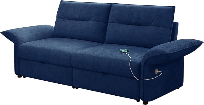 85'' Sofa Bed Full, Assembly, 3 in 1 Sleeper Sofa Beds, Flannel Pull Out Couch for Living Room, Charging & Adjustable Armrest, Comfy Loveseat for Small Space, Flannel Blue