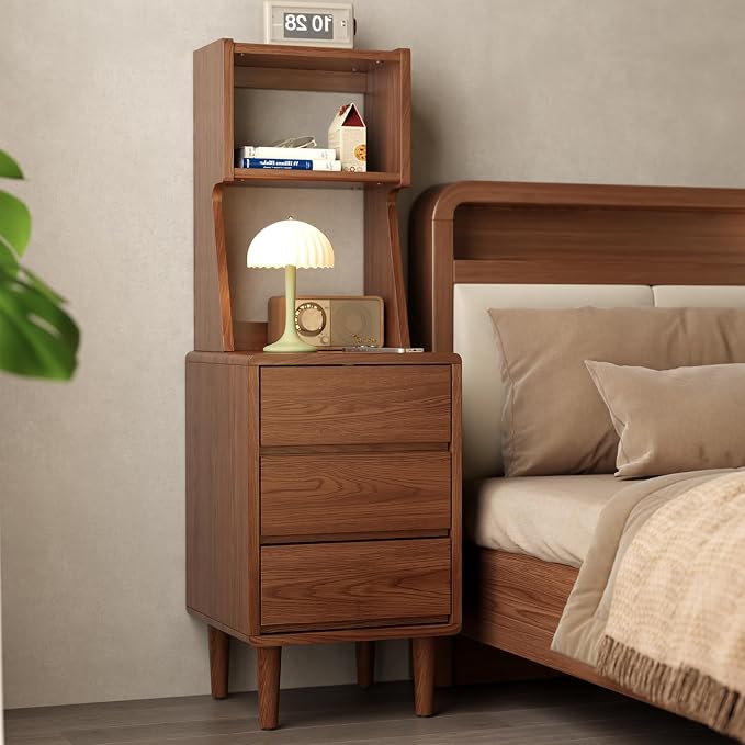 Solid Wood Bookshelf with Drawers,Narrow bookcase with Storage Shelves,Tall Nightstand with Drawers,Mid Century Modern Nightstand,Open Shelf Bookcase,Small Book Shelf for Bedroom,Living Room,Offices