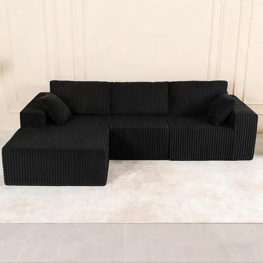 L Shaped Modular Boneless Sectional Couches for Living Room, Wide Armrest, Deep Seat, Memory Foam, Assembly Free, Modern Comfy Corduroy Fluffy Cloud Sofa with Left Chaise, Black