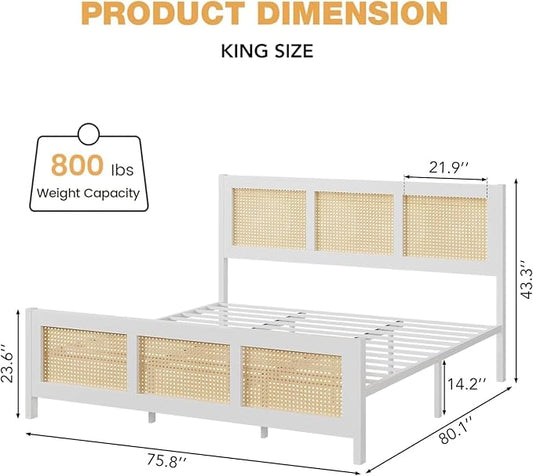 GarveeHome King Size Bed Frame with Headboard, Boho Rattan Bed Frame with Strong Metal Slat, Noise Free, No Box Spring Needed, White