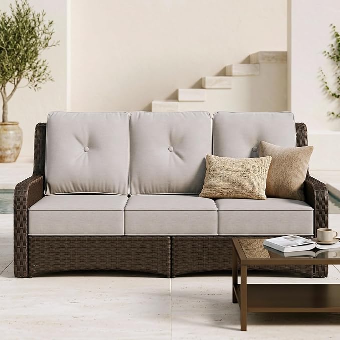 Sundale Outdoor Wicker 3-Seat Patio Sofa, Luxury Outdoor Couch with High Back & Wider Armrests, Patio Furniture with 6-inch Cushions for Yard, Deck, Poolside (Grey)