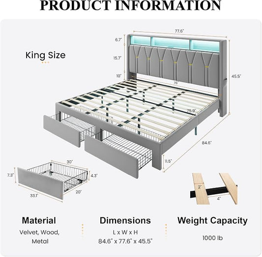 SHA CERLIN Velvet King Platform Bed Frame with 2 Storage Drawers, LED Storage Headboard with Charging Station, Wingback Upholstered, Noise Free, No Box Spring Needed, Easy Assembly, Grey
