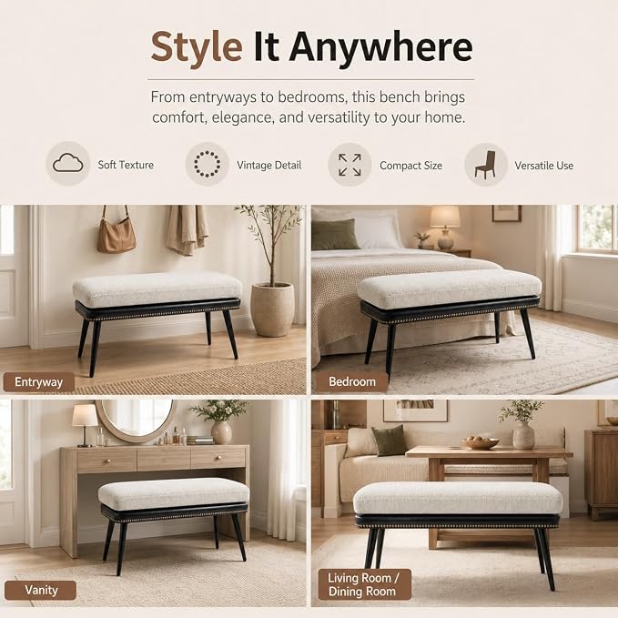 Forteek 32" Retro Upholstered Entryway Bench, Shoe Bench with Cushion | Leather & Fabric Padded Bench, End of Bed Bench for Bedroom, Dining Bench for Living Room, Storage Bench for Hallway & Foyer