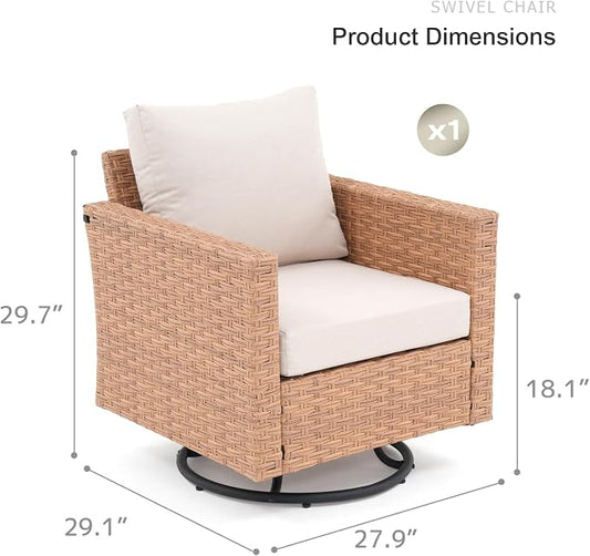 SUNSITT Patio Swivel Chair, Wicker Swivel Chairs Outdoor Seating Furniture with Thick Comfy Cushions, for Porch, Balcony, Deck, Natural Rattan Color