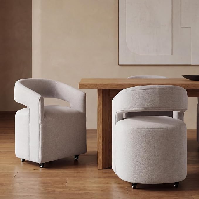 HNY 360° Swivel Chair with Wheels - Modern Linen Upholstered Fabric Barrel Dining Chair, Soft Rolling Kitchen Seating for Living Room, Makeup Vanity, Dining Room, Light Grey
