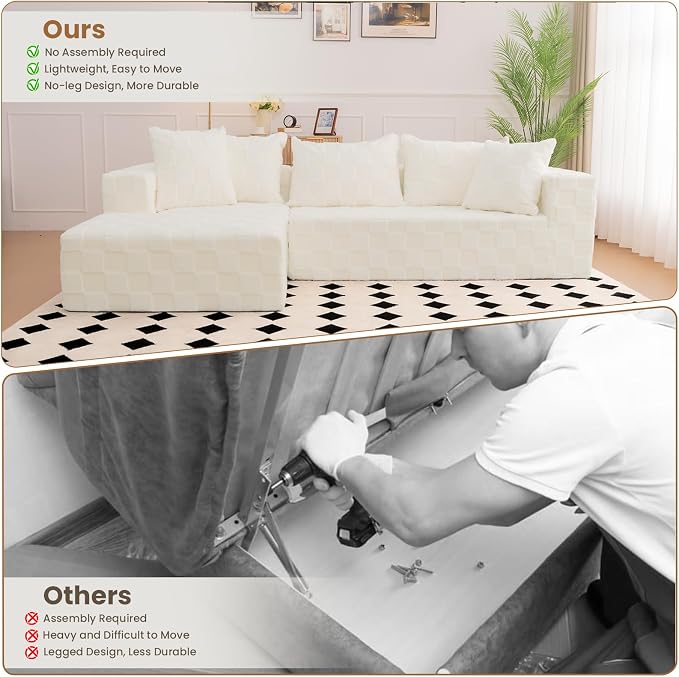 Modular Sectional Sofa, 108" L-Shaped Boneless Couch with Deep Seat, Corduroy Cloud Couch for Living Room, Bedroom, No Assembly Required, Ship in a Box, Checkered Beige