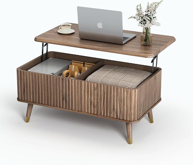 JOINICE Lift Top Coffee Table with Storage, Mid Century Modern Fluted Wood Design,Pop-Up Walnut Center Table with Hidden Compartment for Living Room & Home Office Work/Dining