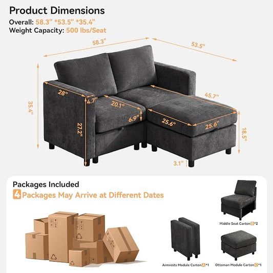 WUTUTUEE 58”Modular Sectional Loveseat Sofa with Storage, Comfy Office L Shaped Sofa Couch, Chenille Love Seat Modular Sectional Couch with Movable Ottoman for Living Room, Bedroom, Dark Grey