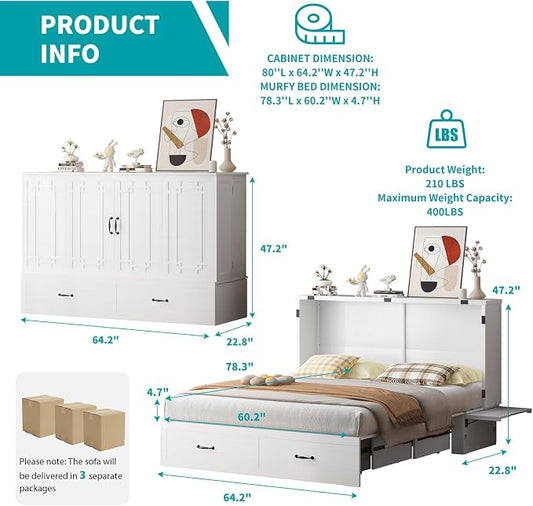 BALUS Murphy Bed, Queen Cabinet Murphy Bed with Built-in USB Ports & Storage Drawer, Space-Saving, Hidden Cabinet Chest Beds for Guest Bedroom, Office, Easily Convertible - White