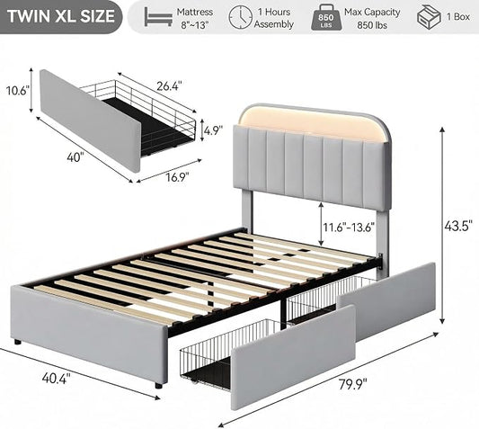 Garvee Twin XL Size Bed Frame with 2 Flexible Drawers, Velvet Upholstered Platform Bed Frame with Bookcase Headboard and LED Lights, Kids Bed for Girls, Easy Assembly, Noise Free, Grey