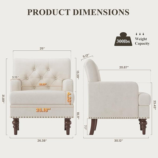 MALOL Upholstered Accent Chair Set of 2, Comfy Reading Chair for Living Room, Mid Century Modern Armchair with Thick Cushion & Solid Rubberwood Legs, for Bedroom/Small Spaces, Beige