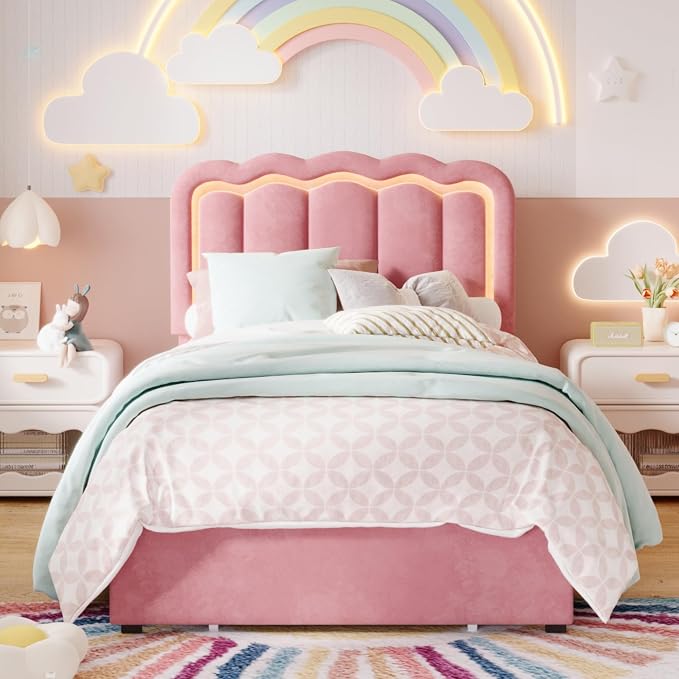 SHA CERLIN Upholstered Twin Size Bed Frame with LED Lights and Large Storage Drawer, Velvet Platform Bed with Adjustable Wavy Headboard, Noise Free, Easy Assembly, No Box Spring Needed, Soft Pink