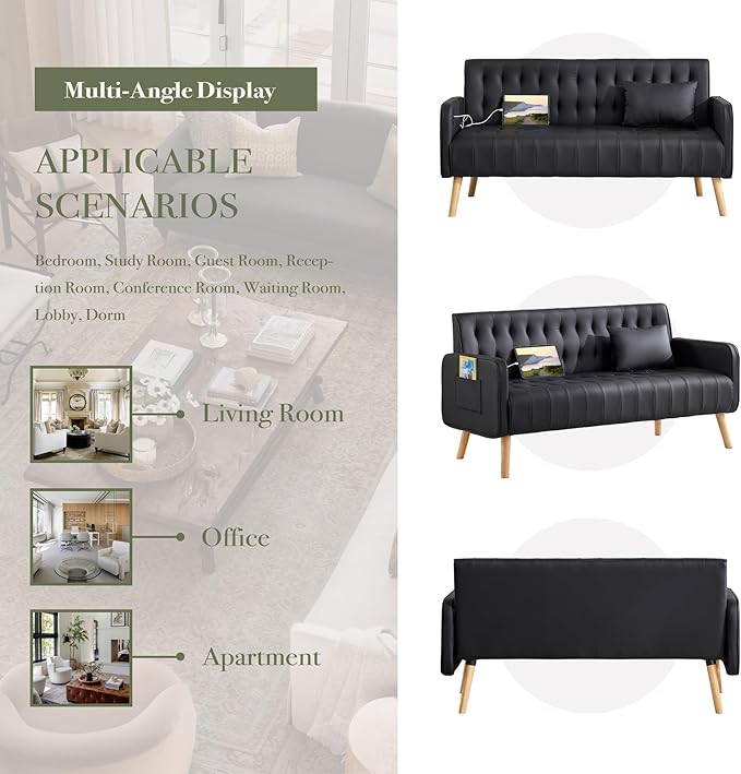 Black Leather Loveseat and Accent Chair Set of 2, Small Couch w/USB Charging & Pockets, Mid Century Modern Tufted Love Seat and Chair Set, Mini Office Sofa for Living Room, Apartment