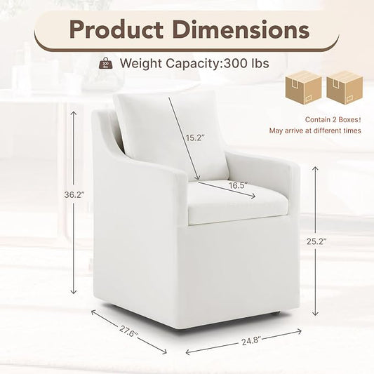 KISLOT Upholstered Dining Chairs Set of 2, Modern Dining Room Chairs with Casters & Washable Cover, Rolling Accent Chair with Hidden Storage for Kitchen, Farmhouse, Living Room, White, 2 Box