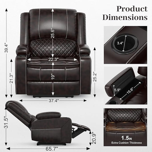 Yolsali Recliner Chairs for Adults, Oversize Manual Reclining Chair with 2-Tier Cushions, Faux Leather Recliner Chair with Hidden Storage Space, Living Room Recliner Chairs with Cup Holders - Brown