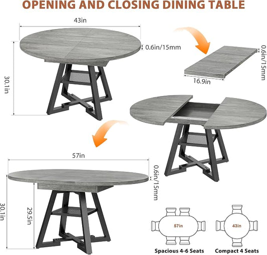 Expandable Kitchen Dining Table for 4-6, Oval Round Dining Table with Storage Shelf and Removable Extension Leaf, Space Saving Pedestal Table for Dining Room, Modern Industrial Style (Grey)