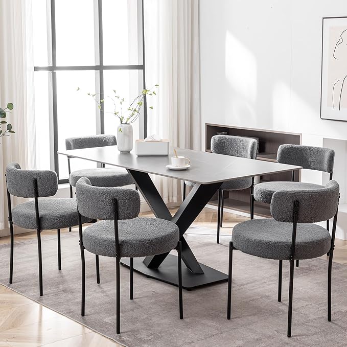 Cinxzar Grey Boucle Dining Chairs Set of 4, Upholstered Dining Room Chairs with Black Metal Legs, Round Modern Dining Chair for Dining Room, Kitchen