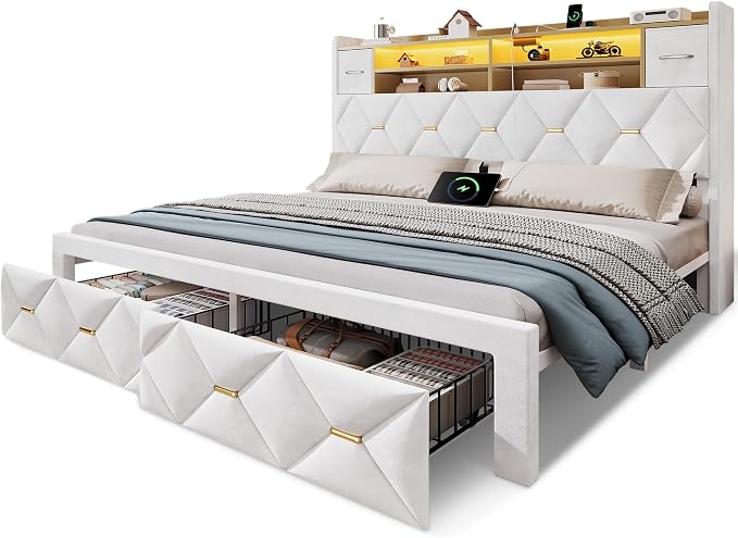 YITAHOME King Size Bed Frame with 2 Storage Drawers and Storage Headboard, Upholstered Platform with Charging Station and LED Light, No Box Spring Needed, Noise Free, Easy Assembly, Velvet White