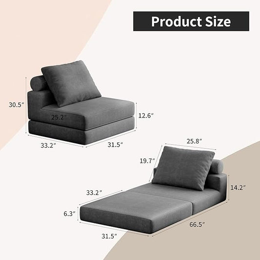 Folding Sofa Bed, 3-in-1 Convertible Sleeper Chair Bed with Pillows, Foldable Floor Couch with High-Density Foam, Futon Small Boneless Couch for Living Room Bedroom Lounge, Single, Gray