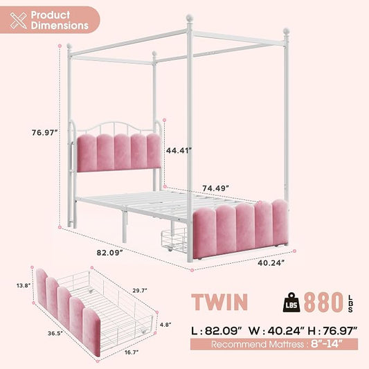Homkdom Canopy Bed Frame Twin with Storage Drawers and LED Lights & Charging Station,Princess Velvet Upholstered Headboard,Heavy Duty 880lb,Easy Assembly,Pink