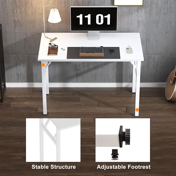 Need 39.4 Inch Folding Desk for Small Spaces, Home Office Computer Desk with White Wood Top & Metal Frame, Foldable Writing Table for Study, Bedroom, Dorm Room & Student
