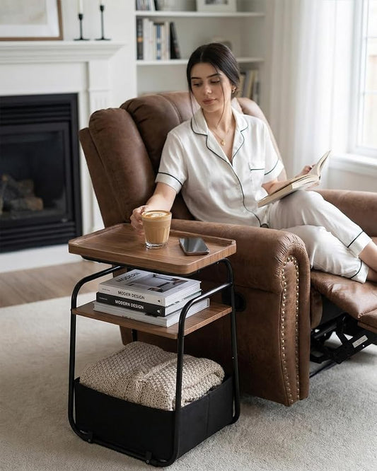 3 Tiers End Table with Fabric Basket, Small Side Table for Small Spaces, Modern Decor Nightstand with Handle, Tv Tray for Living Room, Bedroom, Dorm, Walnut