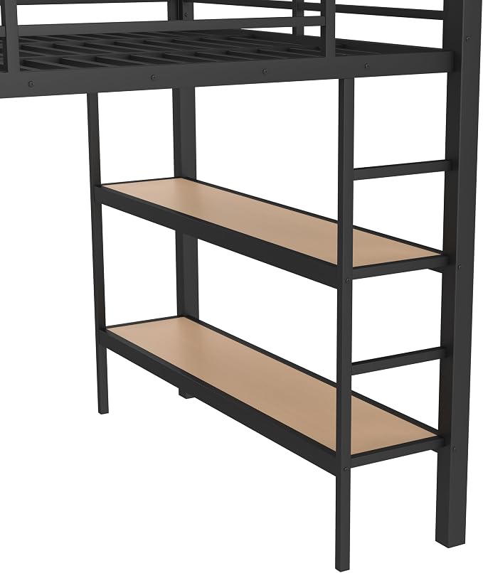 Bellemave Queen Size loft Bed with Wardrobe and Storage Shelves and Pegboard Drawers, Metal Queen Loft Bed Frame for Adults, Kids, Teens, Black