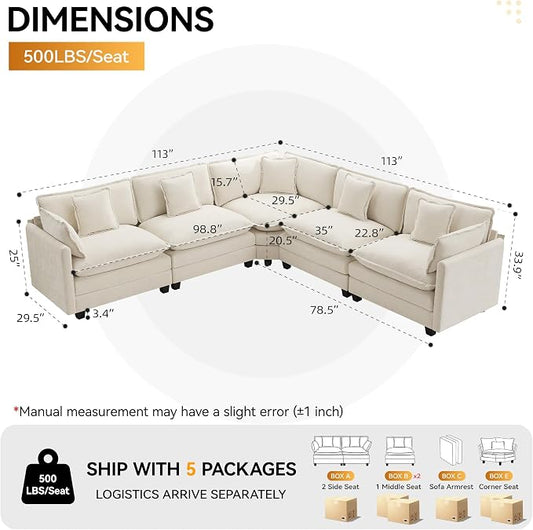 113'' V Shaped Cloud Sectional Sofa, Oversized Deep Seat Couches for Living Room, Chenille Comfy Upholstered Modular Sectional Sofa Couch, Beige