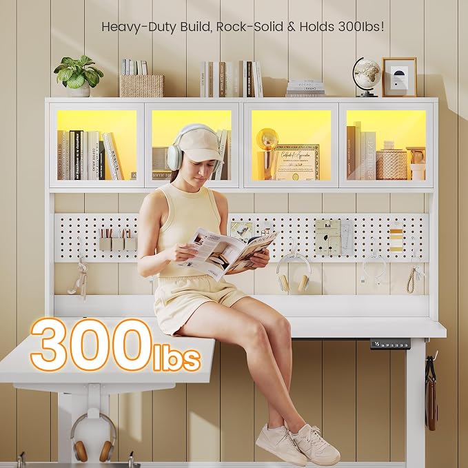 SEDETA 67" Standing L Shaped Gaming Desk, Office Computer Desk with Storage Hutch, Stand Up Corner Desk with Pegboard & Led Lights for Home Office, White