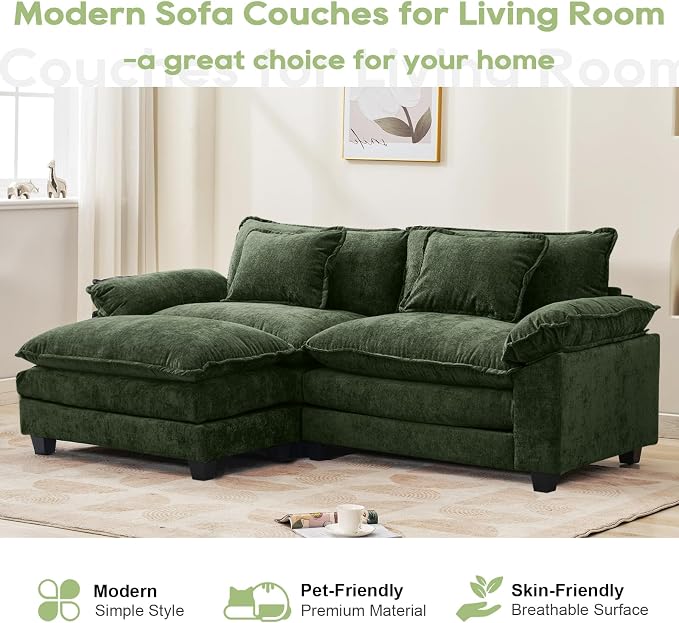 Oprisen 86" Modular Sectional Sofa, Comfy Cloud Couch Sectional Sofa with Ottoman, Chenille Sofa Sleeper Deep Seat Sofa with Throw Pillows for Living Room (Green, 86"- L Shape)