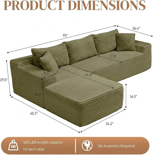 95" L Shaped Cloud Boneless Sectional Couches for Living Room, Modern Comfy Modular Deep Seat Memory Foam Compressed Corduroy Sofa Oversized Left Facing Chaise, No Assembly Required, Green