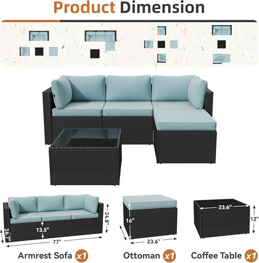 Aoxun Patio Furniture Set 5-Piece, Outdoor Sectional Sofas with Washable Cushion, Wicker Rattan Patio Conversation Sets for Backyard Porch and Poolside, Mint Blue
