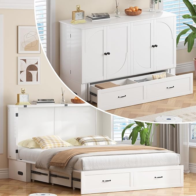 Mjkone Queen Size Murphy Bed Cabinet with USB Charging Station, 63.39" Width Storage Chest Cabinet Murphy Beds with Foldable Panel for Guest Small Spaces Home Offices, Mattress Not Included, White