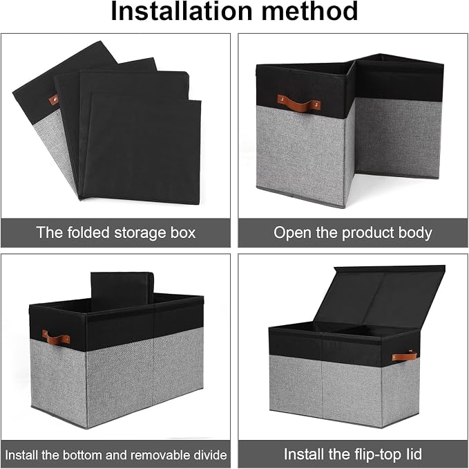 Gowee Large Toy Storage Box with Lid, Sturdy Toys Storage Chest Bin Organizer Basket with Dividers for Kids, Boys, Girls, Nursery, Closet, Bedroom, Playroom 25"x13" x16" (Black and Grey)