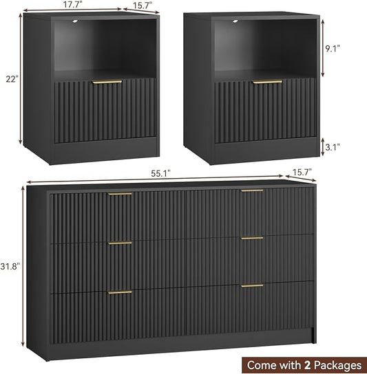 6 Drawer Dresser & Nightstand Set 3-Piece, 55” Wide Bedroom Set Night Stand Set of 2 with Metal Handle, Fluted Modern Wood Chest of Drawers Storage Dressers Set for Bedroom, Black