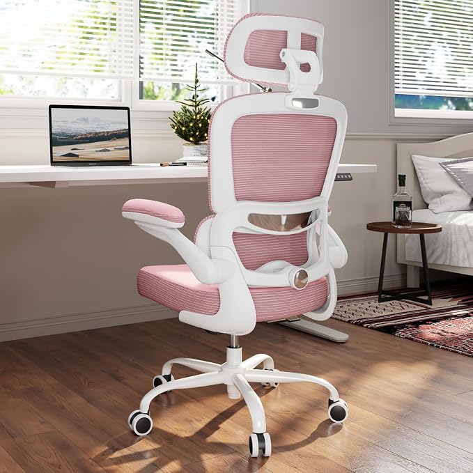TRALT Ergonomic Office Chair - Desk Chair with Adjustable Headrest Lumbar Support Computer Chair - Mesh Comfy Chair with Flip-up Armrests - Gaming Chairs for Adults Home Office (Leather, Pink)
