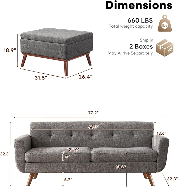 Tbfit Mid Century Modern Sofa Couch, Gray, Standard Sofa & Ottoman | linen fabric