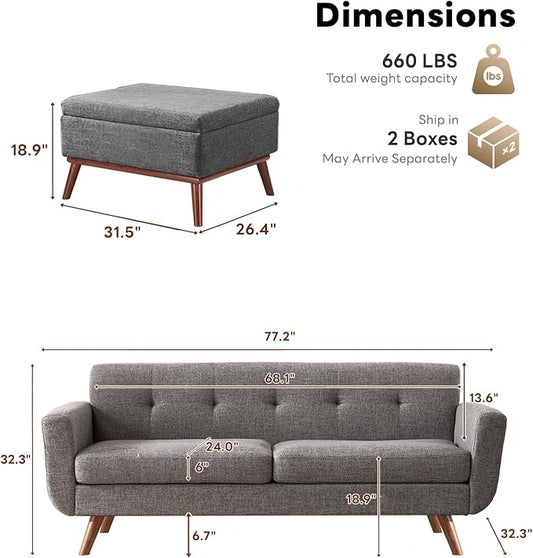 Tbfit Mid Century Modern Sofa Couch, Gray, Standard Sofa & Ottoman | linen fabric
