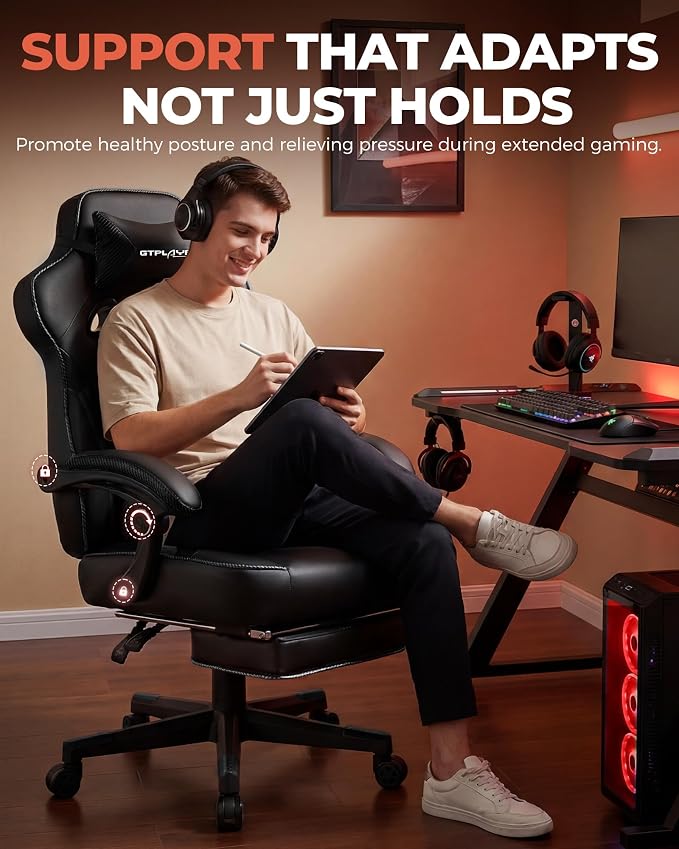 GTPLAYER Gaming Chair with Footrest, Big and Tall Game Chair 350lb Racing Style Computer Chair, Ergonomic Executive Office Chair High Back with Lumbar Support and Recliner, Black
