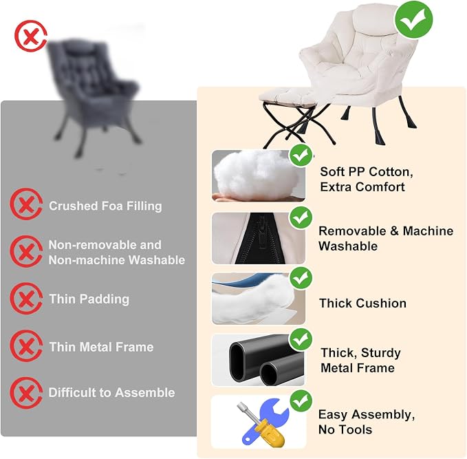 Furlide Lazy Chair with Ottoman, Modern Chair with Folding Footrest, Lounge Accent Chair, Comfortable Reading Chair, Oversized Armchairs for Bedroom, Study, Living Room, Courtyard (Beige)