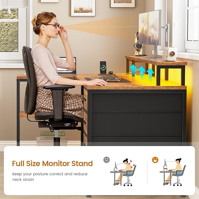 SEDETA L Shaped Desk with 4 Drawers and Storage Shelves, L Shaped Gaming Desk with LED Lights & Power Outlets, Computer Desk with Shelves & Drawer, Corner Desk Home Office Desk, Rustic Brown