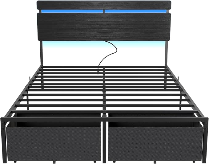 Forestell Full Size Bed Frame with Wood Headboard, Black Platform Bed with 2 Storage Drawers & Shelf, Built in Charging Station & LED Lights, Metal Support, No Box Spring Needed, Camas Full