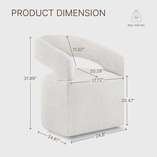 KISLOT Upholstered Dining Chairs Set of 1, Modern Arm Kitchen & Dining Room Chairs with Hidden Casters, Linen Fabric Padded Rolling Chairs, Sturdy Wood Frame, 300 lbs Capacity, Beige