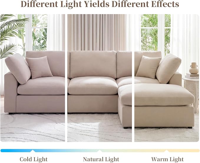 Modular Cloud Sectional Couches for Living Room, Large Modular Sectional Sofa with Ottoman, L Shaped 3 Seater Couch with Pillow, Beige - Chenille