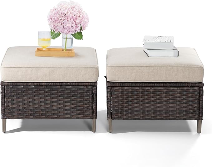 Joyside Patio Ottoman Set of 2, All Weather Outdoor Rattan Ottomans Patio Footstools with Removable Cushions for Garden Backyard Porch (Beige)